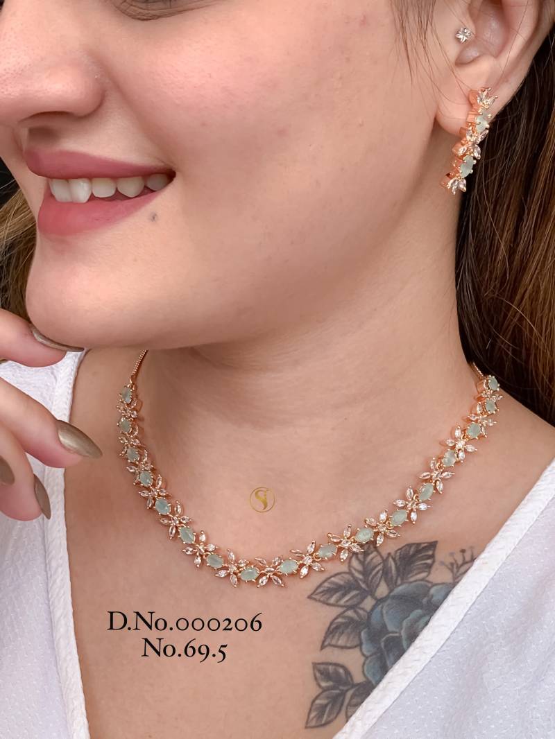 AD Diamond Silver And Rose Gold Necklace Set 16