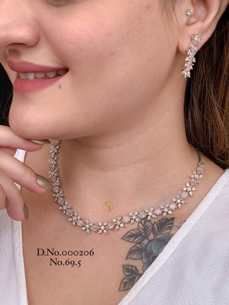 AD Diamond Silver And Rose Gold Necklace Set 16