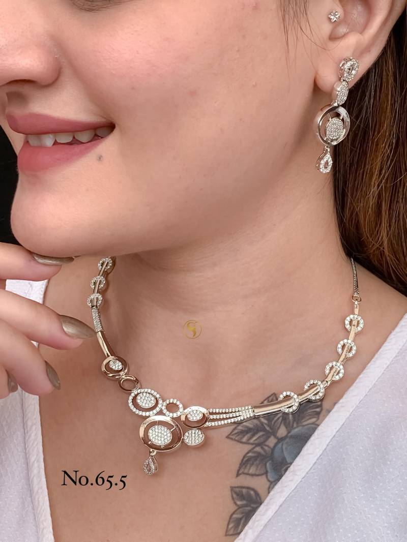 AD Diamond Silver And Rose Gold Necklace Set 16
