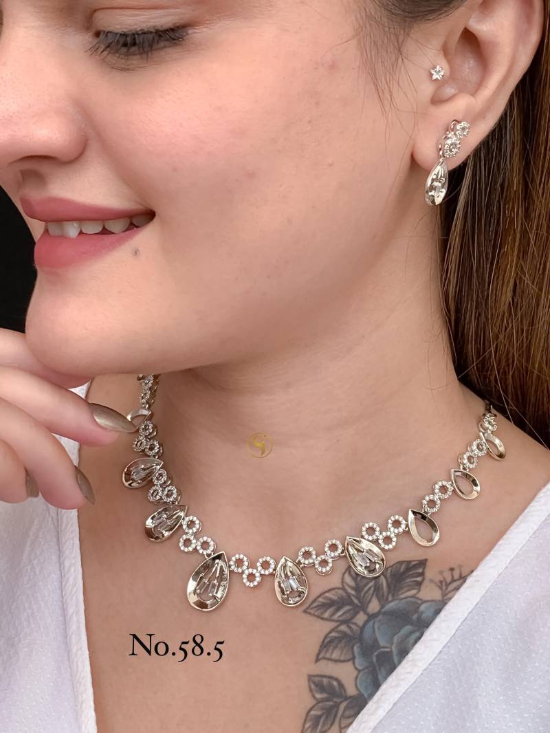 AD Diamond Silver And Rose Gold Necklace Set 17