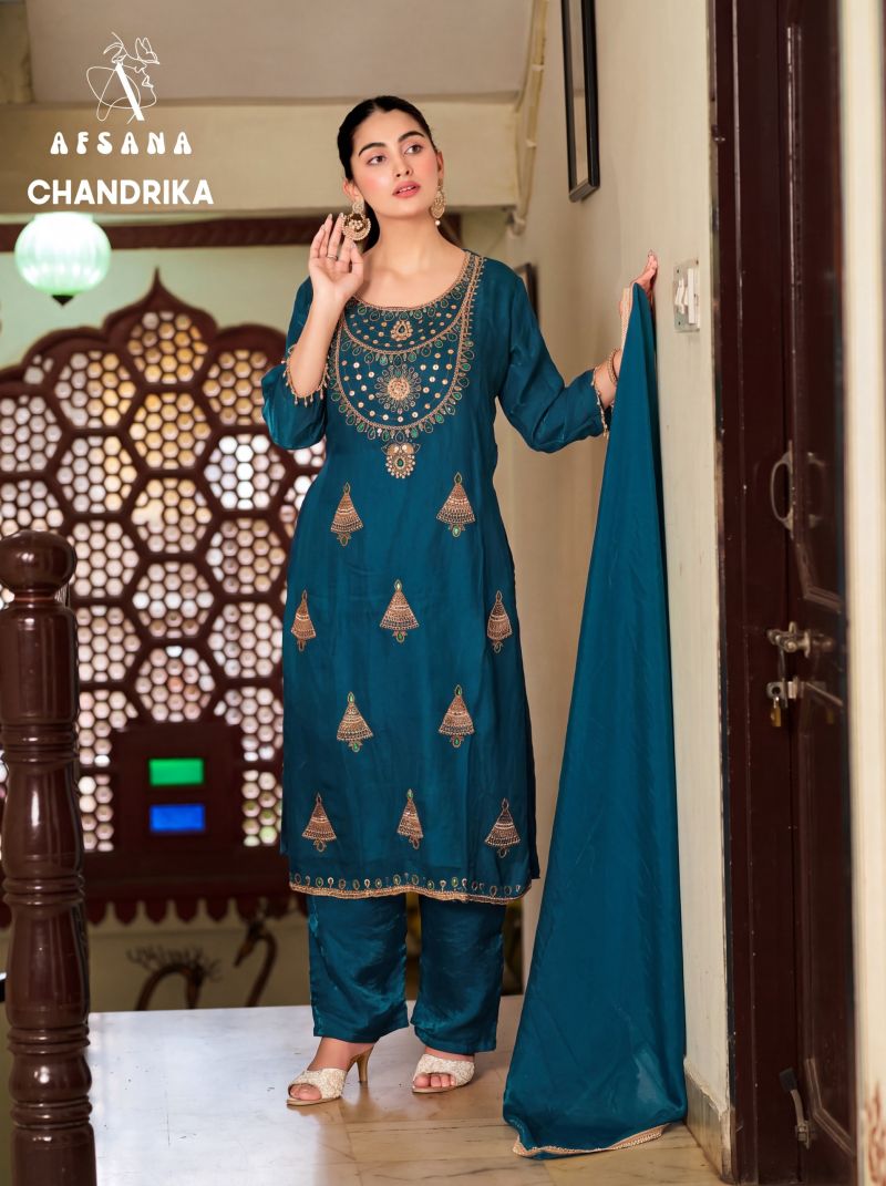 Afsana Chandrika Fandy Satin Thread Work Salwar Suit Set