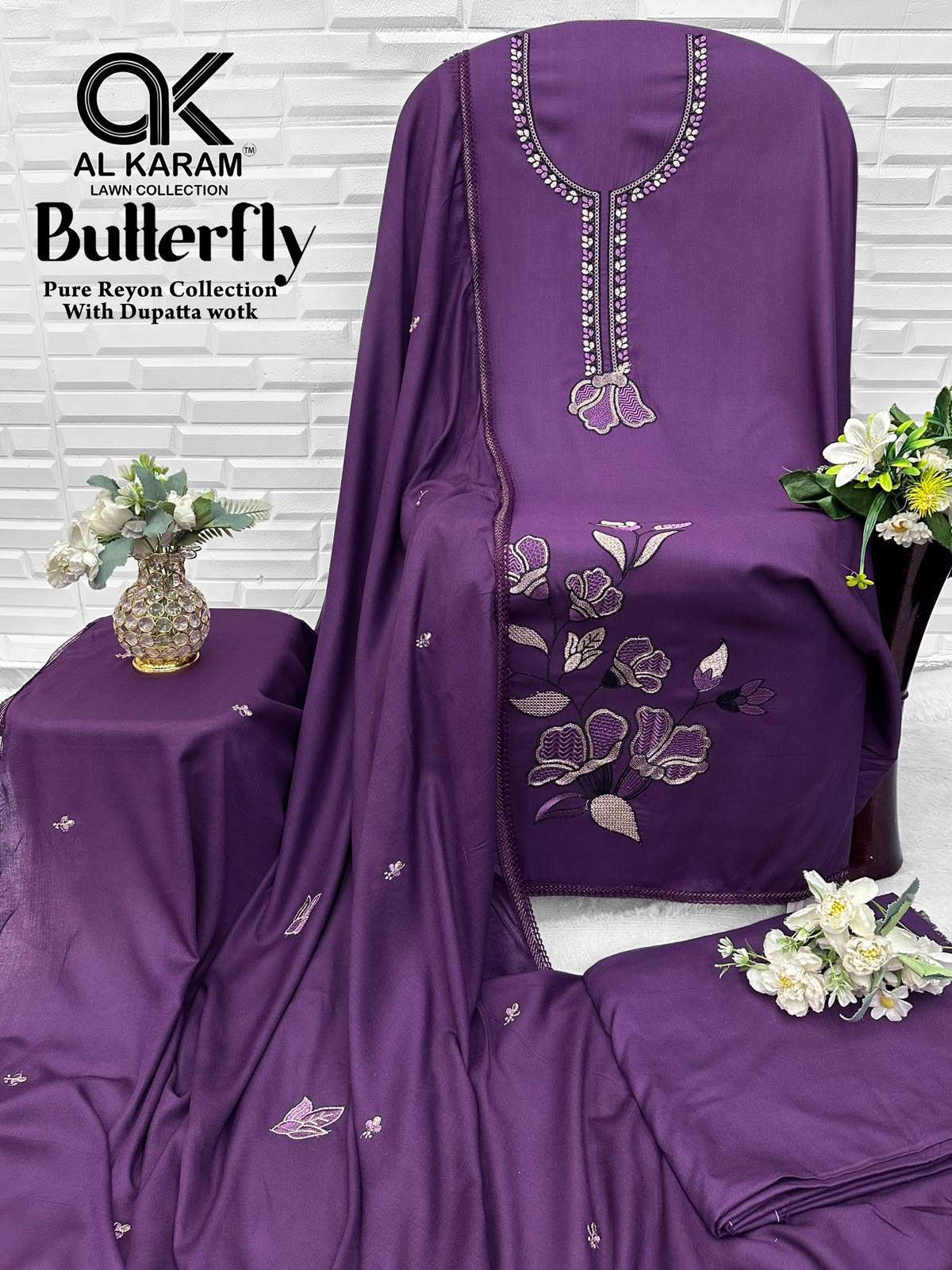 Al-Karam Butterfly Rayon Printed Pakistani Suit - Amrah Wholesale