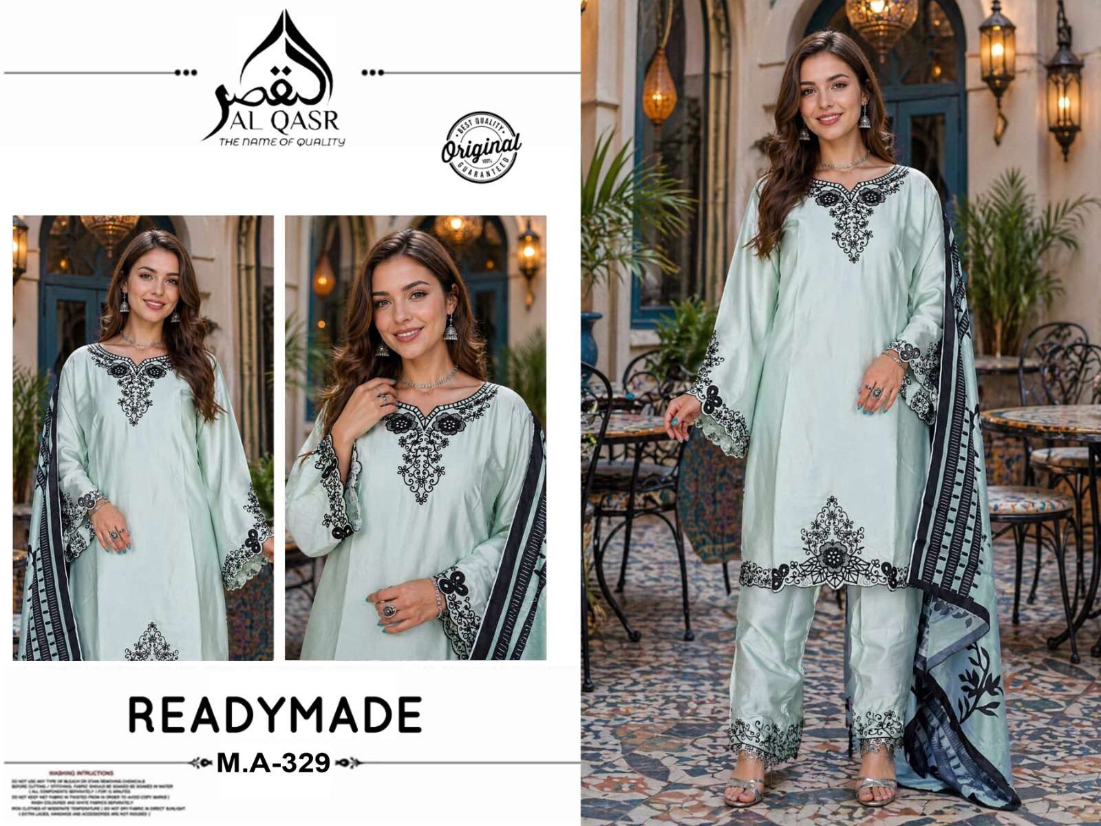 AL-QASR MA-329 Satin Embroidered Stitched Pakistani Suit Set