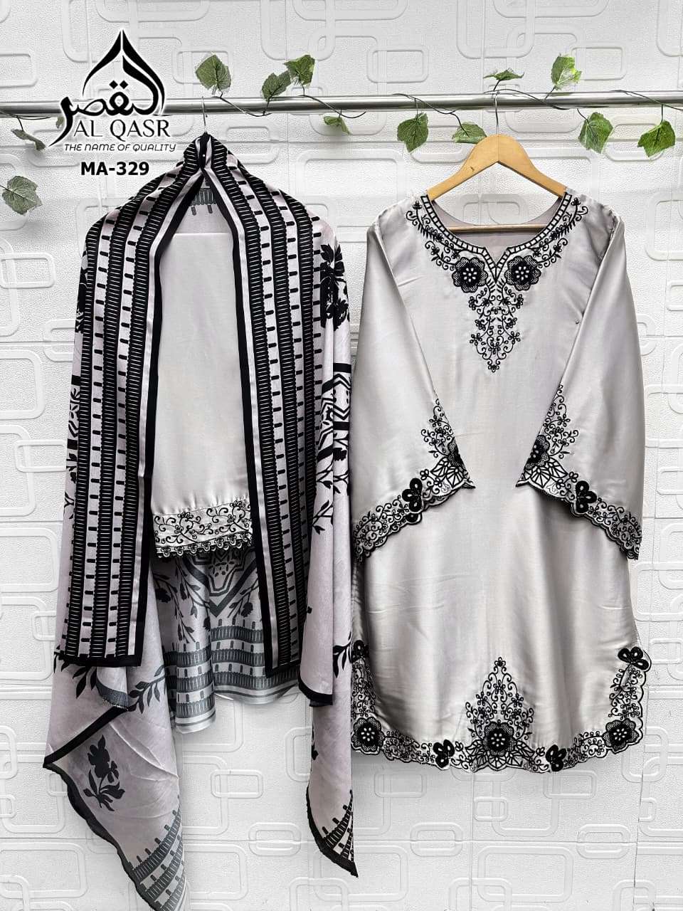 AL-QASR MA-329 Satin Embroidered Stitched Pakistani Suit Set - Amrah Wholesale