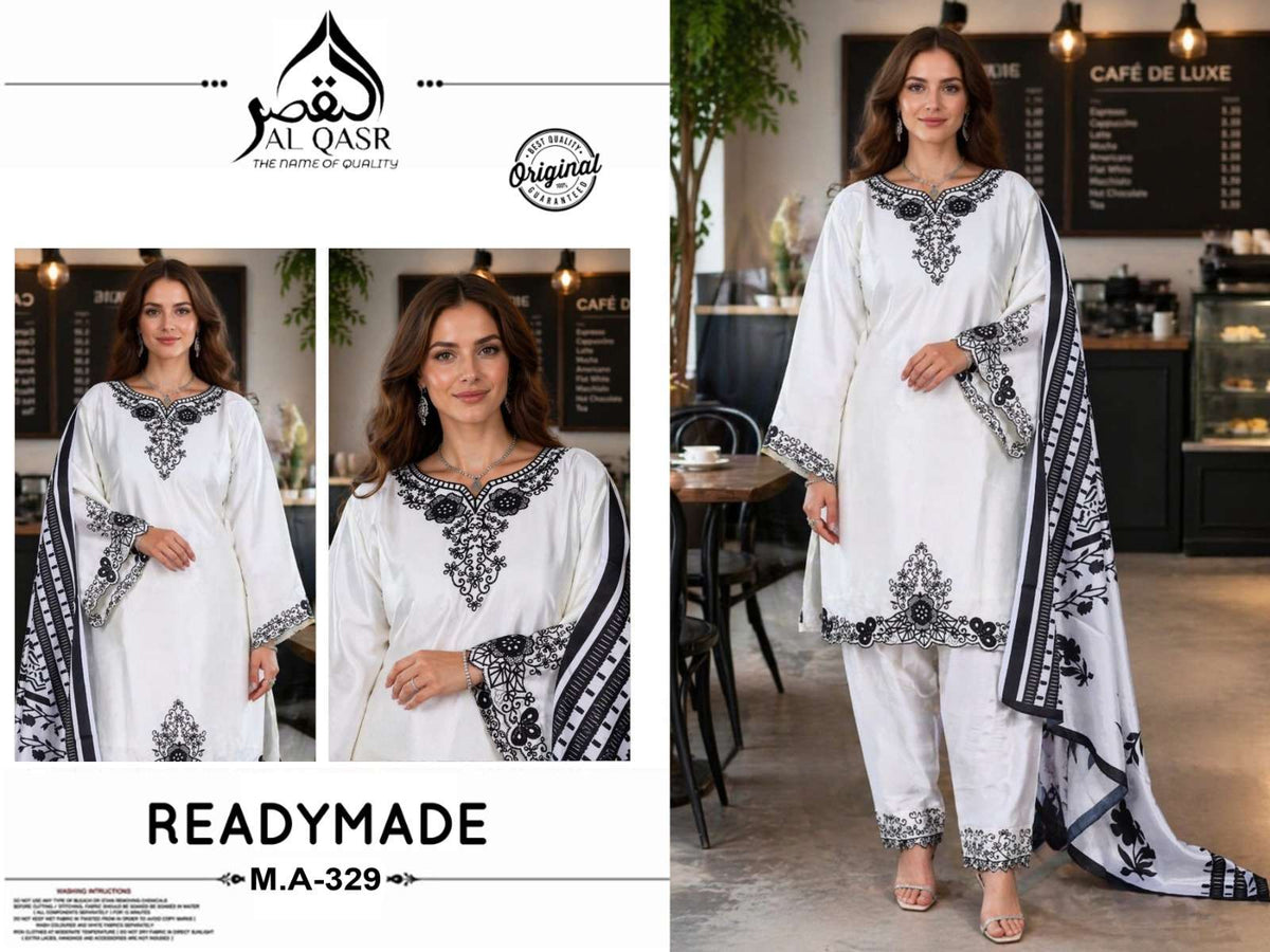 AL-QASR MA-329 Satin Embroidered Stitched Pakistani Suit Set - Amrah Wholesale