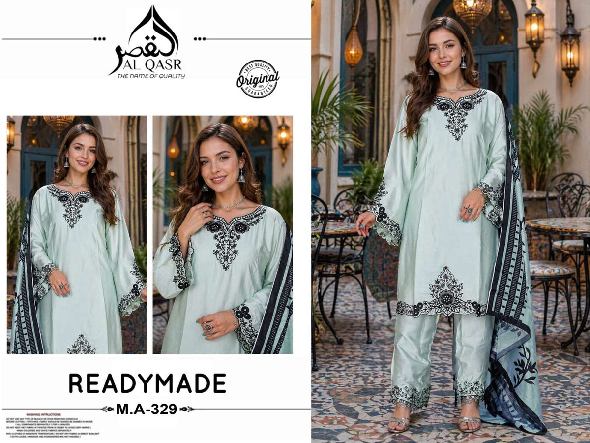 AL-QASR MA-329 Satin Embroidered Stitched Pakistani Suit Set - Amrah Wholesale
