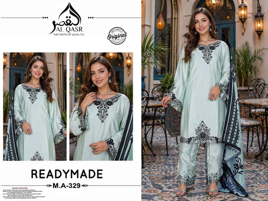 AL-QASR MA-329 Satin Embroidered Stitched Pakistani Suit Set - Amrah Wholesale