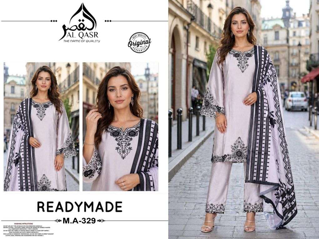AL-QASR MA-329 Satin Embroidered Stitched Pakistani Suit Set - Amrah Wholesale