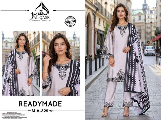 AL-QASR MA-329 Satin Embroidered Stitched Pakistani Suit Set - Amrah Wholesale