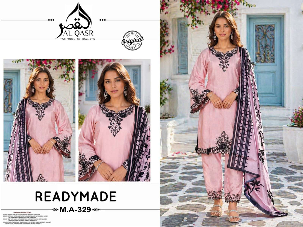 AL-QASR MA-329 Satin Embroidered Stitched Pakistani Suit Set - Amrah Wholesale