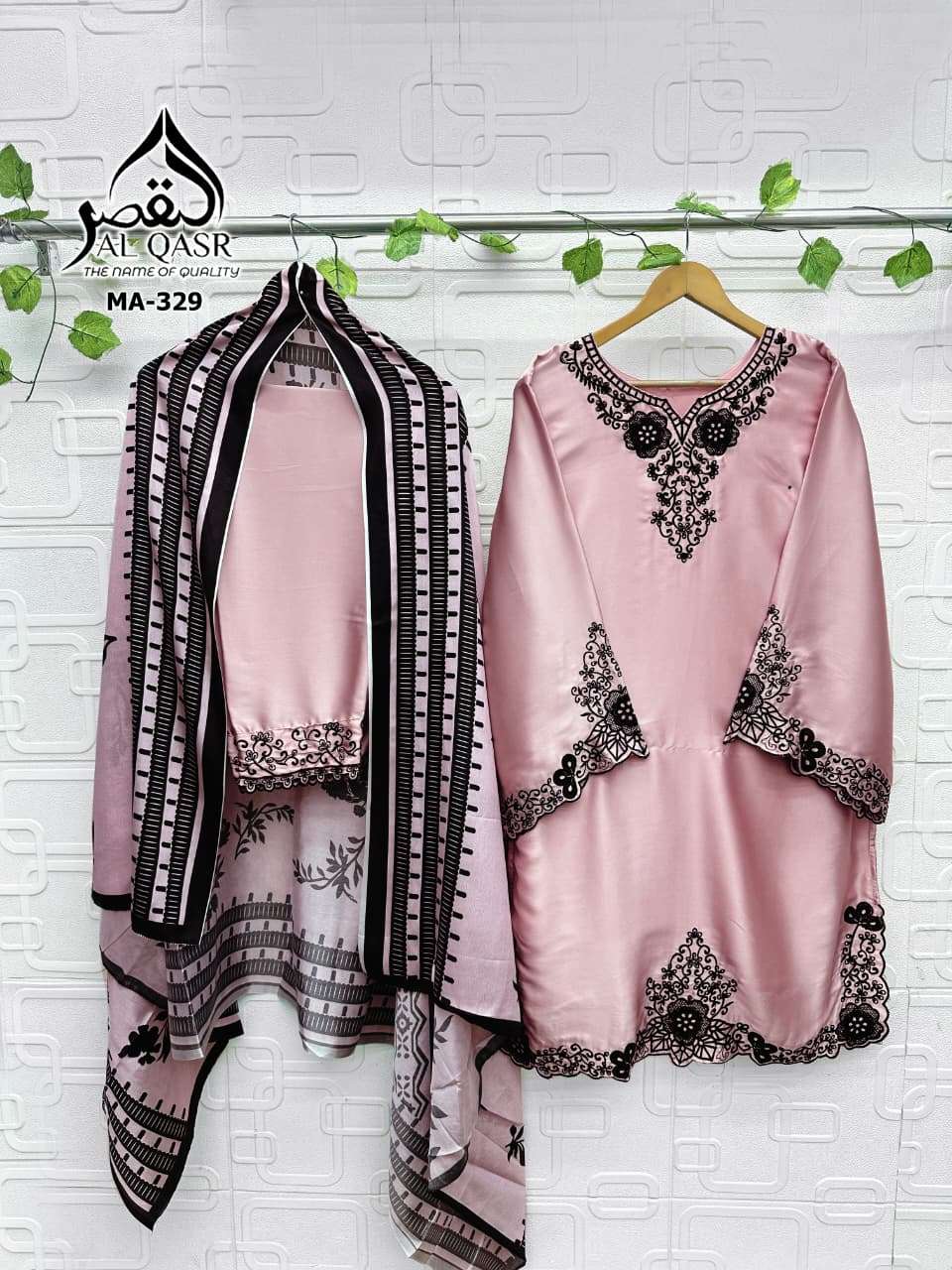 AL-QASR MA-329 Satin Embroidered Stitched Pakistani Suit Set - Amrah Wholesale