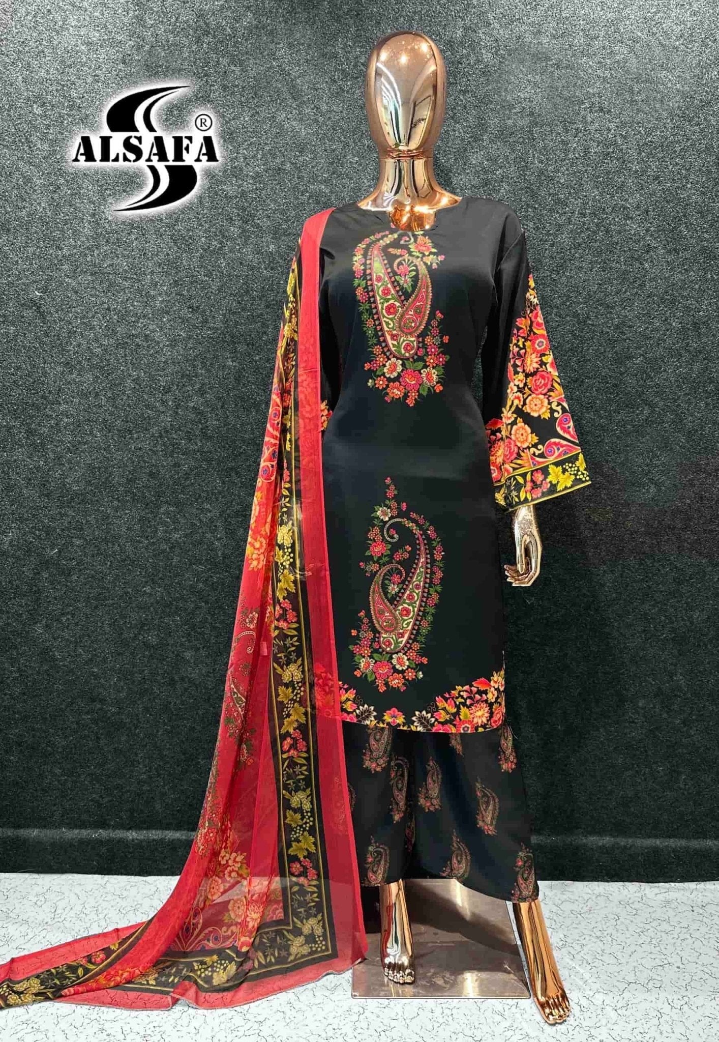 Al Safa S-3165 Imported Malai Satin Pakistani Suit Set Wholesale - Amrah Wholesale