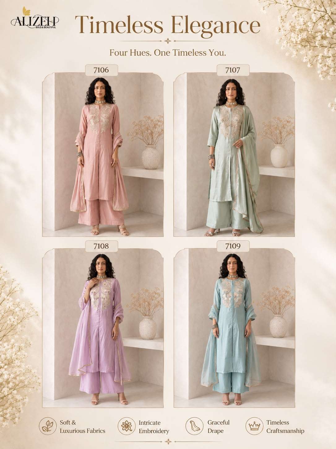 Alizeh 7106 To 7109 Roman Silk Heavy Embroidery Stitched Dress Set