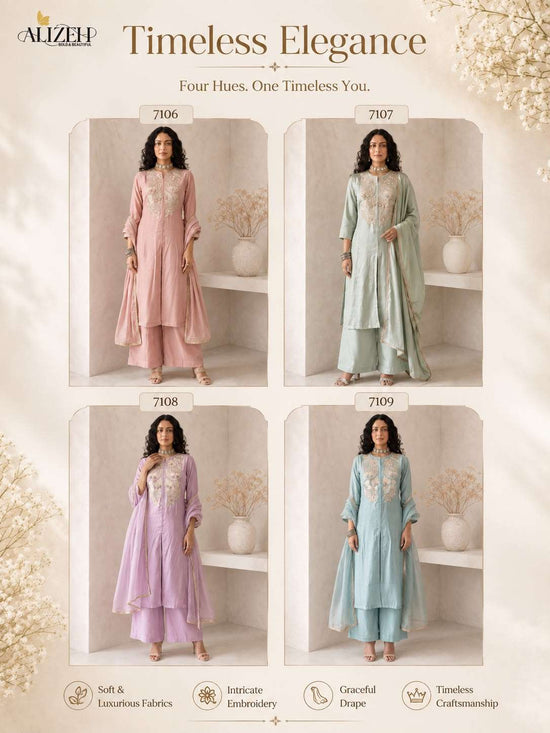 Alizeh 7106 To 7109 Roman Silk Heavy Embroidery Stitched Dress Set