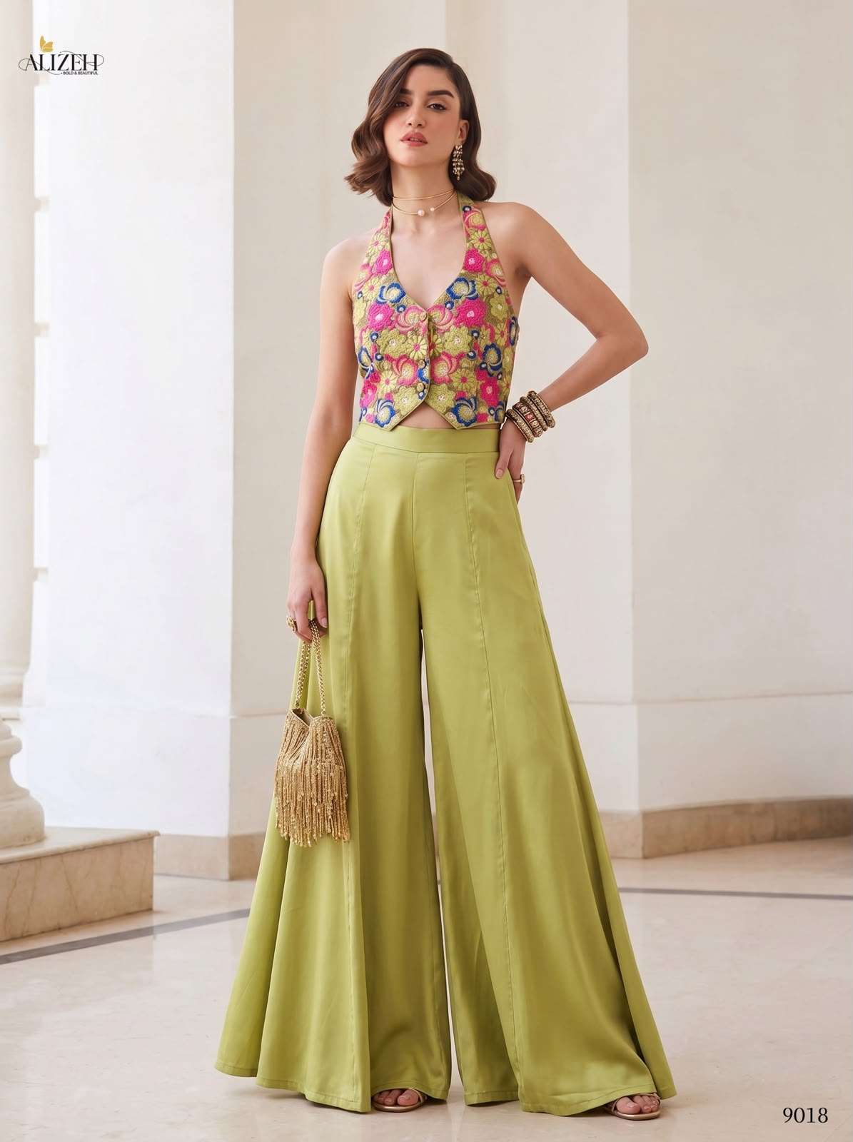 ALIZEH 9017 to 9018 Silk Waistcoat-Palazzo Co-Ord Set