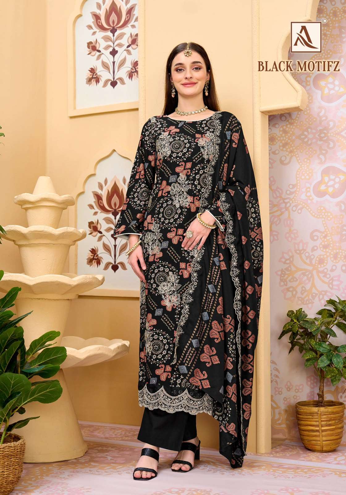 Alok Suit Black Motifz Viscose Rayon Printed Pakistani Suit