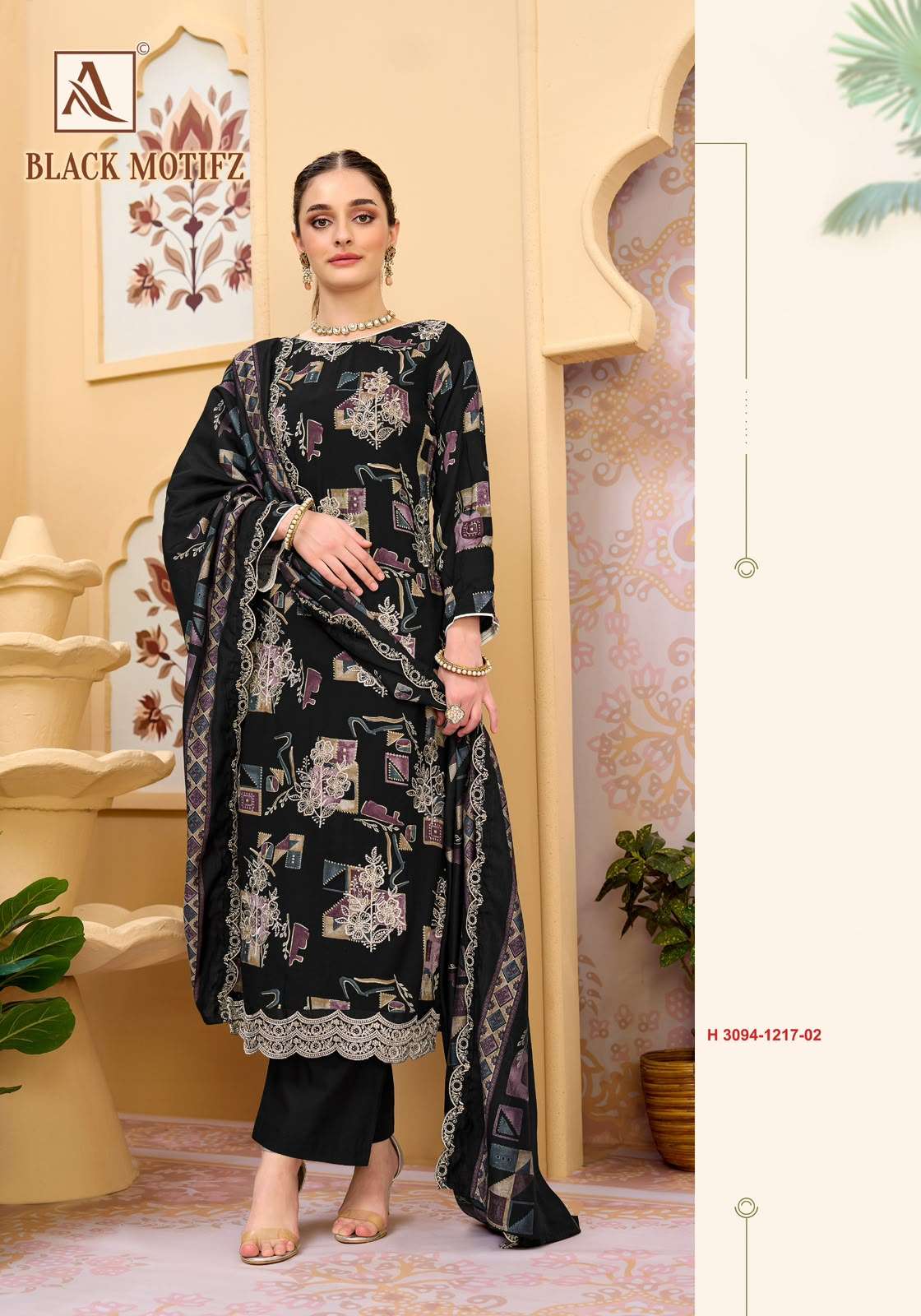 Alok Suit Black Motifz Viscose Rayon Printed Pakistani Suit