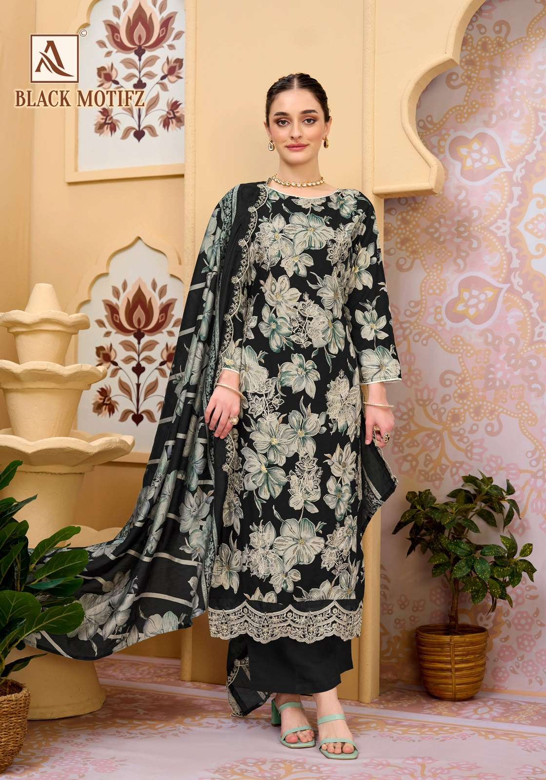 Alok Suit Black Motifz Viscose Rayon Printed Pakistani Suit