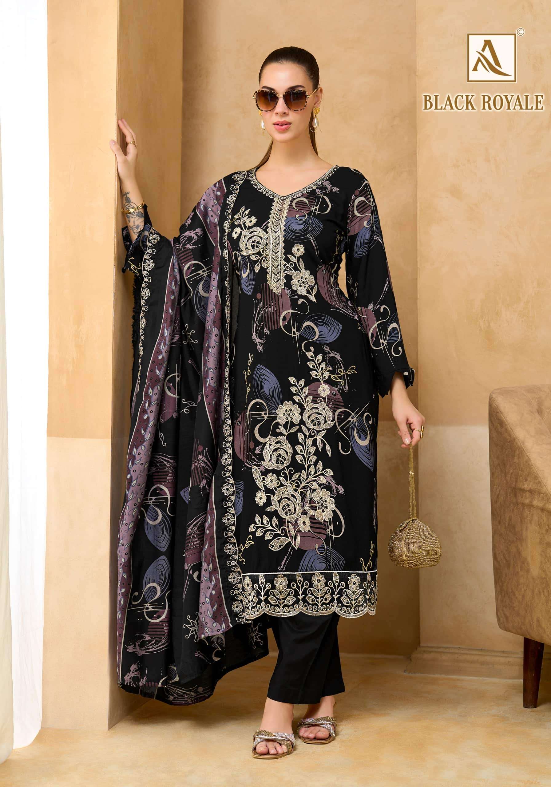 Alok Suit Black Royale Pure Viscose Rayon Dress Material