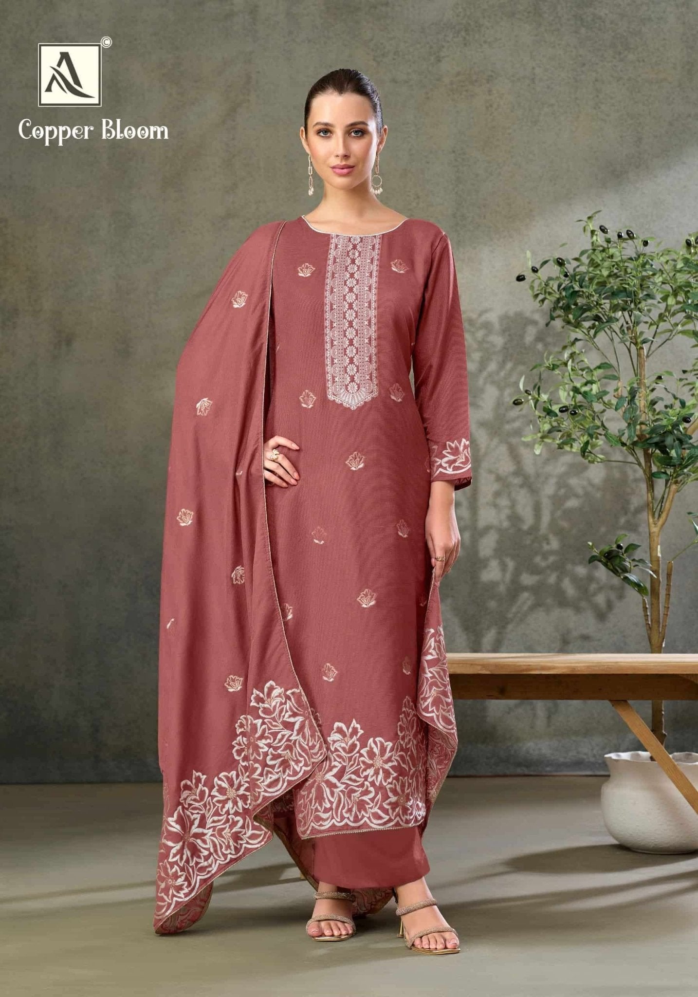 Alok Suit Copper Bloom Linen Designer Dress Material - Amrah Wholesale