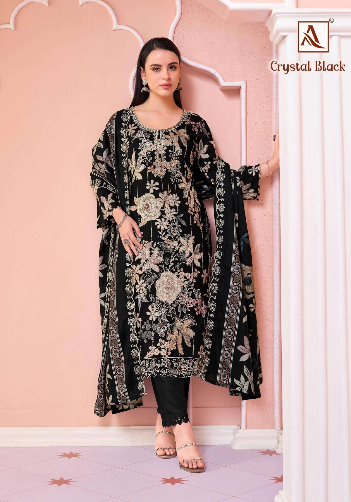 Alok Suit Crystal Black Viscose Rayon Printed Dress Material