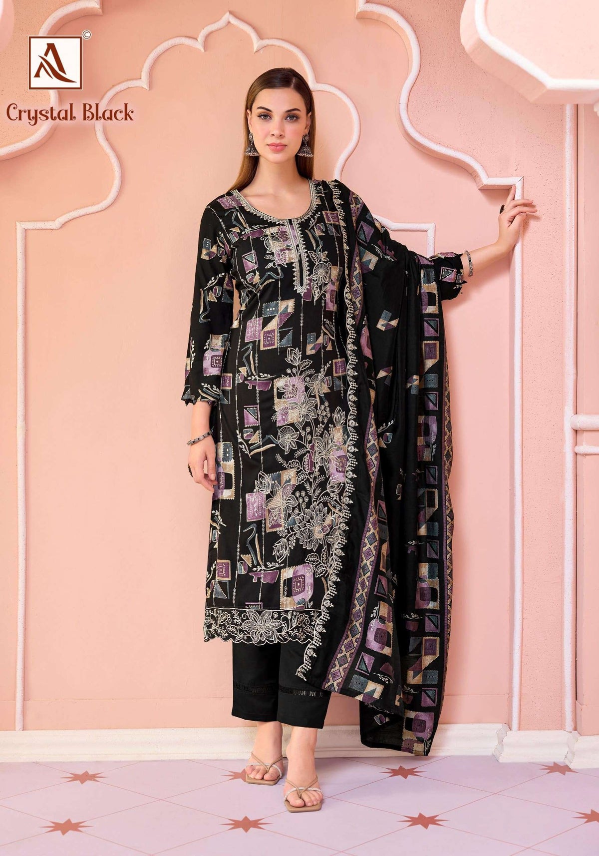 Alok Suit Crystal Black Viscose Rayon Printed Dress Material