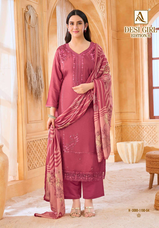 Alok Suit Desi Girl Vol-6 Viscose Muslin Embroidery Suit Set