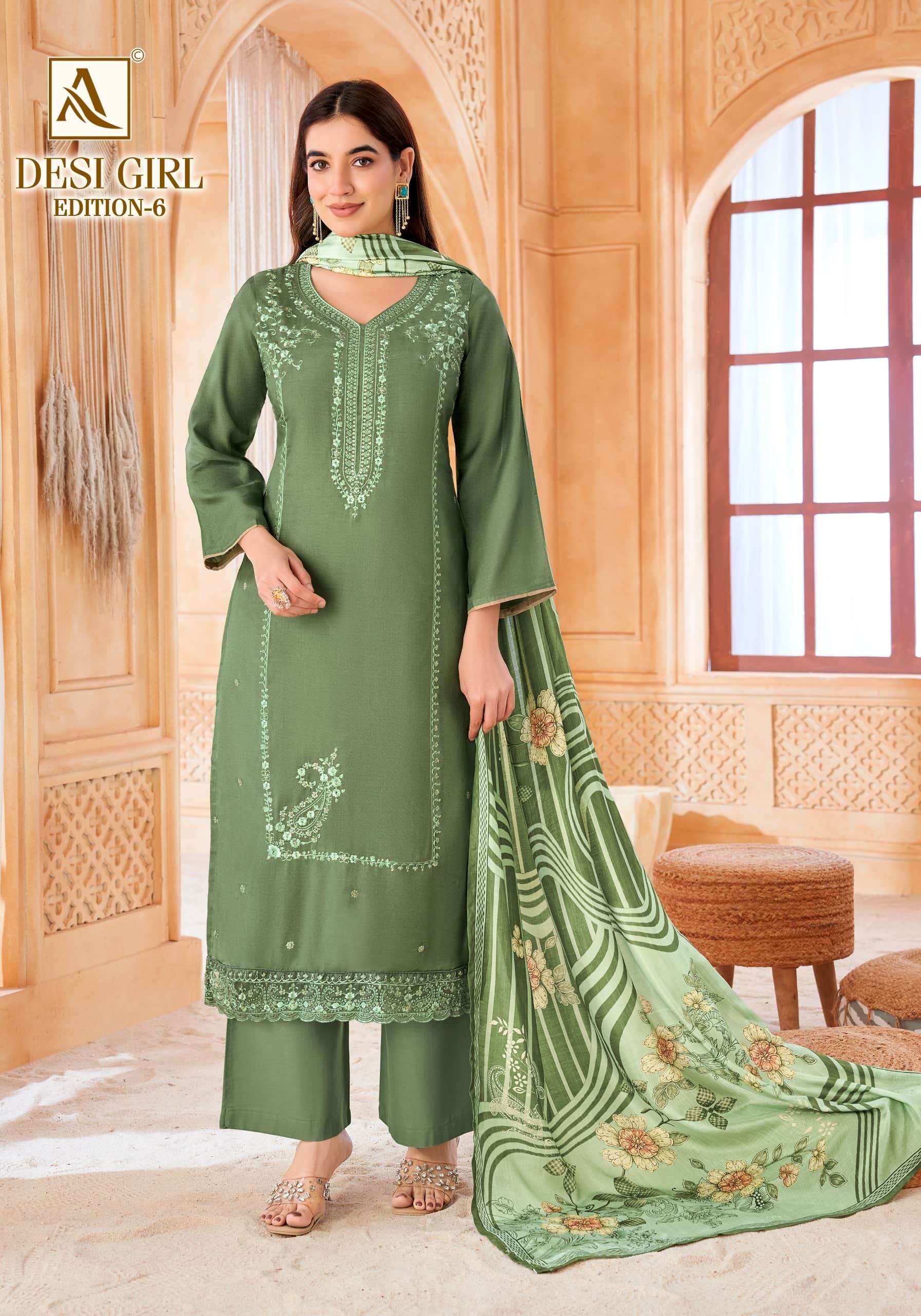 Alok Suit Desi Girl Vol-6 Viscose Muslin Embroidery Suit Set