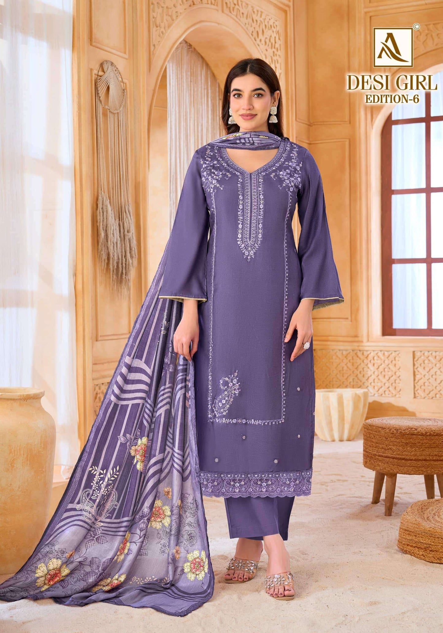 Alok Suit Desi Girl Vol-6 Viscose Muslin Embroidery Suit Set