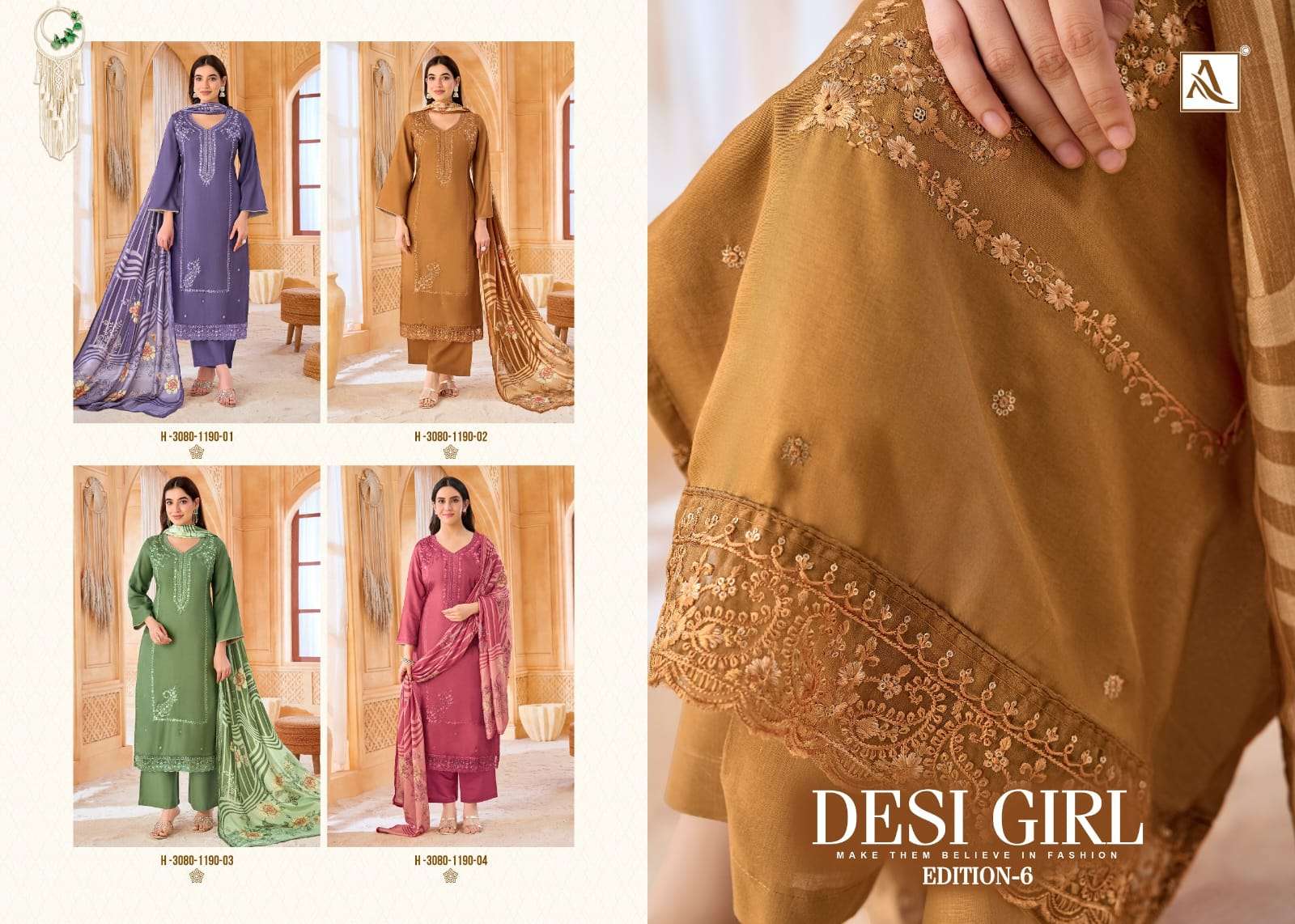 Alok Suit Desi Girl Vol-6 Viscose Muslin Embroidery Suit Set