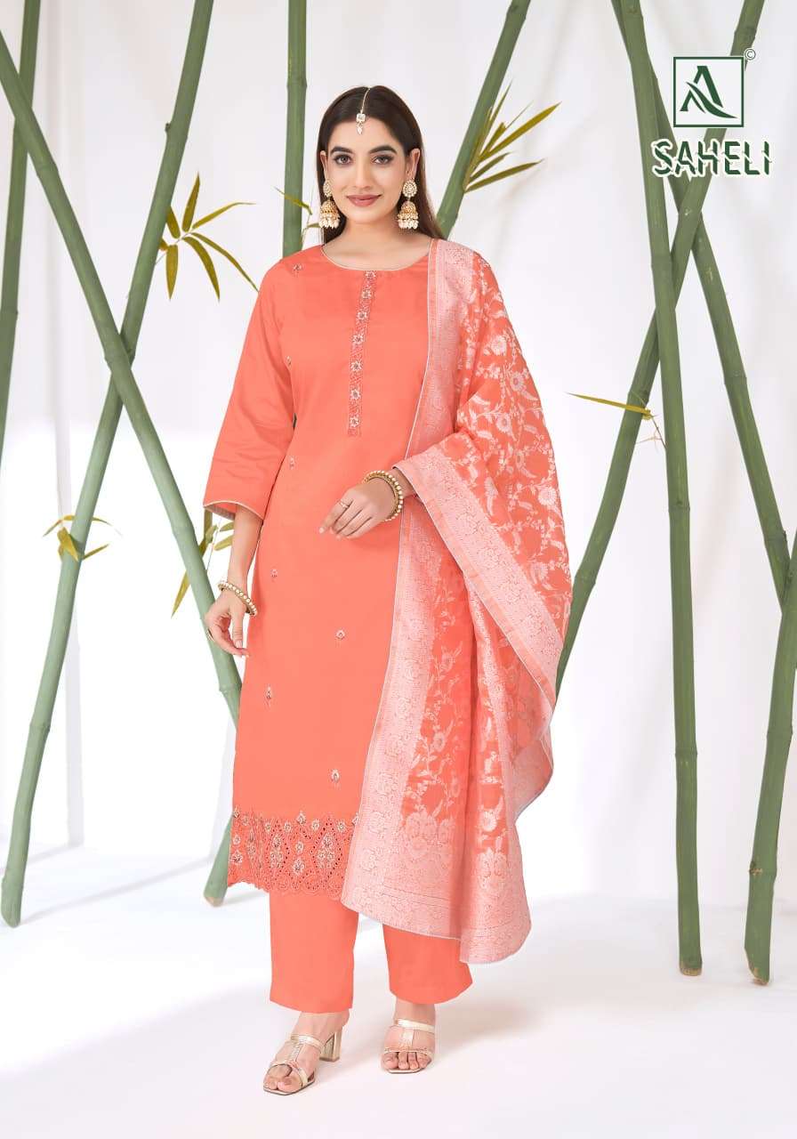 Alok Suit Saheli Pure Zam Cotton Embroidered Dress Material - Amrah Wholesale