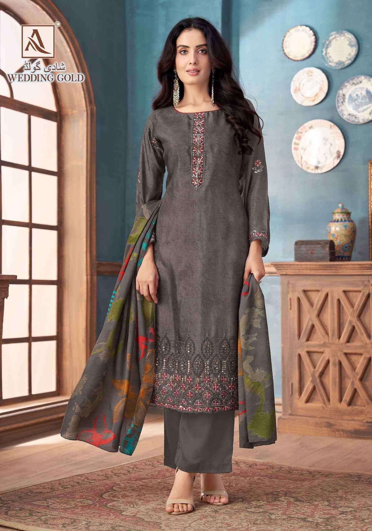 Alok Suit Wedding Gold Viscose Muslin Embroidered Dress Material