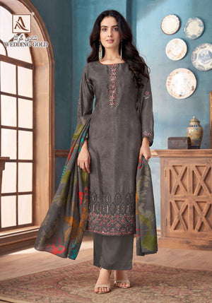 Alok Suit Wedding Gold Viscose Muslin Embroidered Dress Material