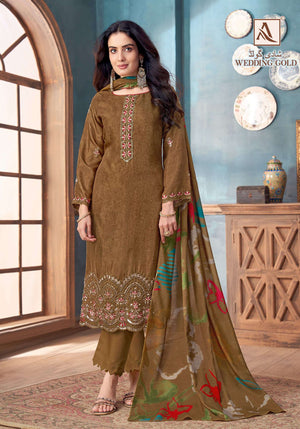 Alok Suit Wedding Gold Viscose Muslin Embroidered Dress Material