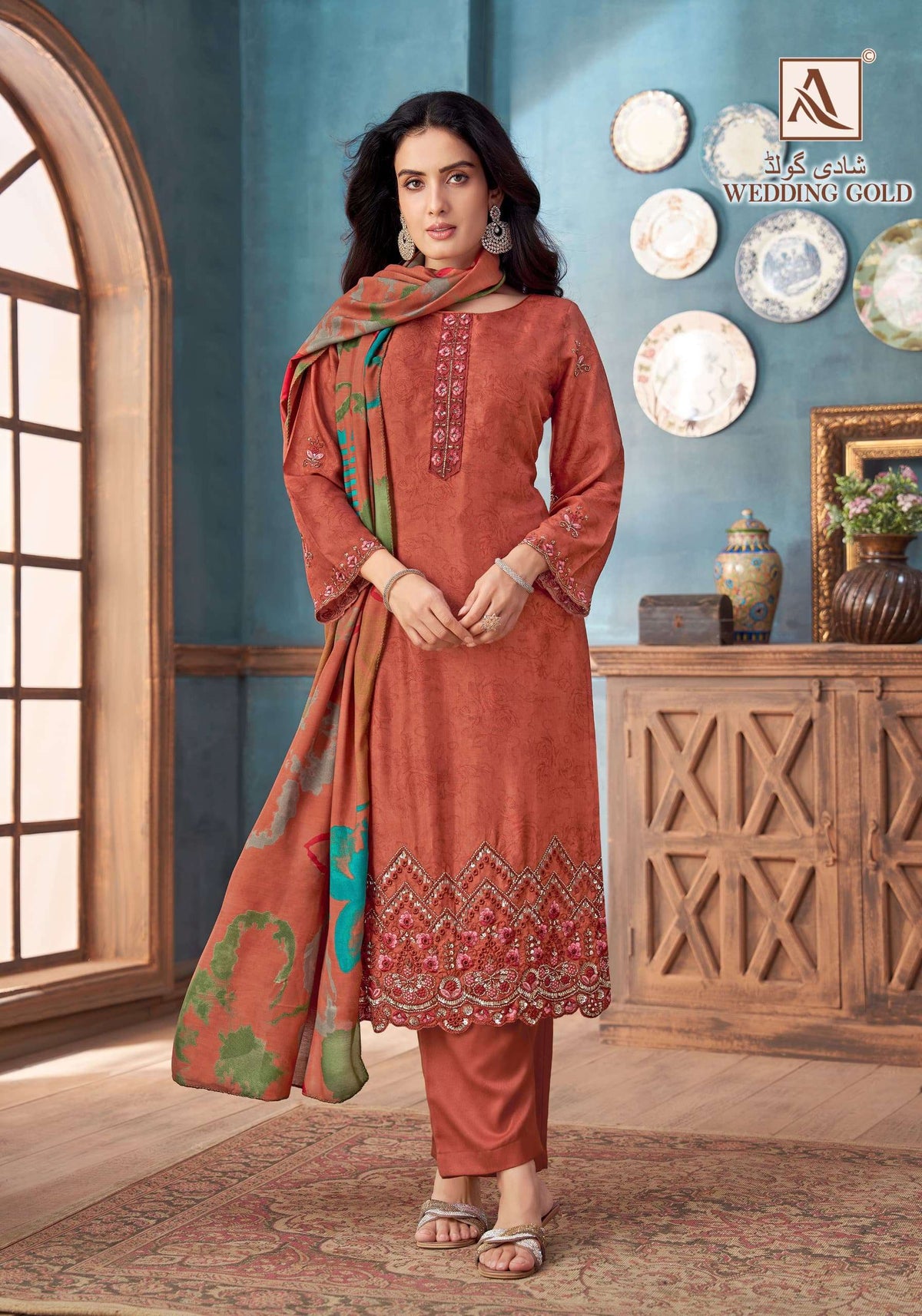 Alok Suit Wedding Gold Viscose Muslin Embroidered Dress Material