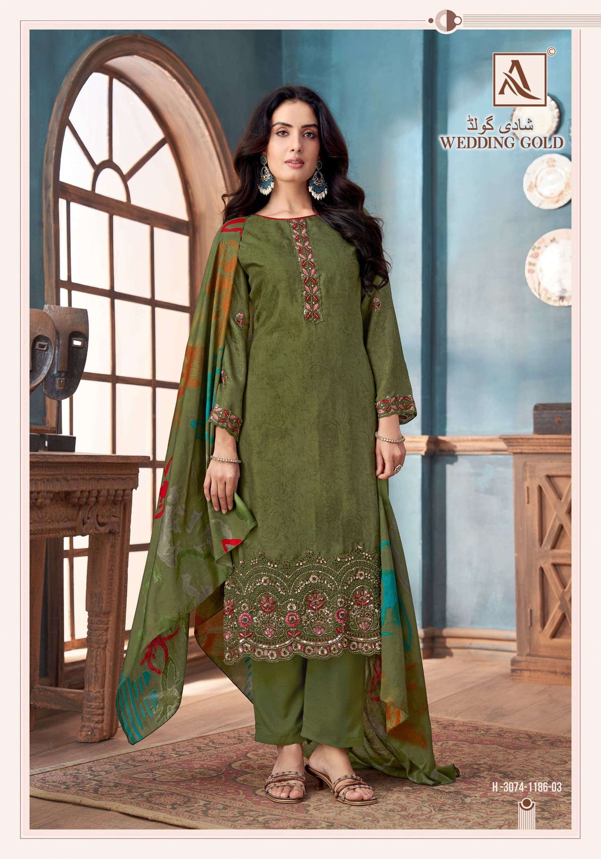 Alok Suit Wedding Gold Viscose Muslin Embroidered Dress Material