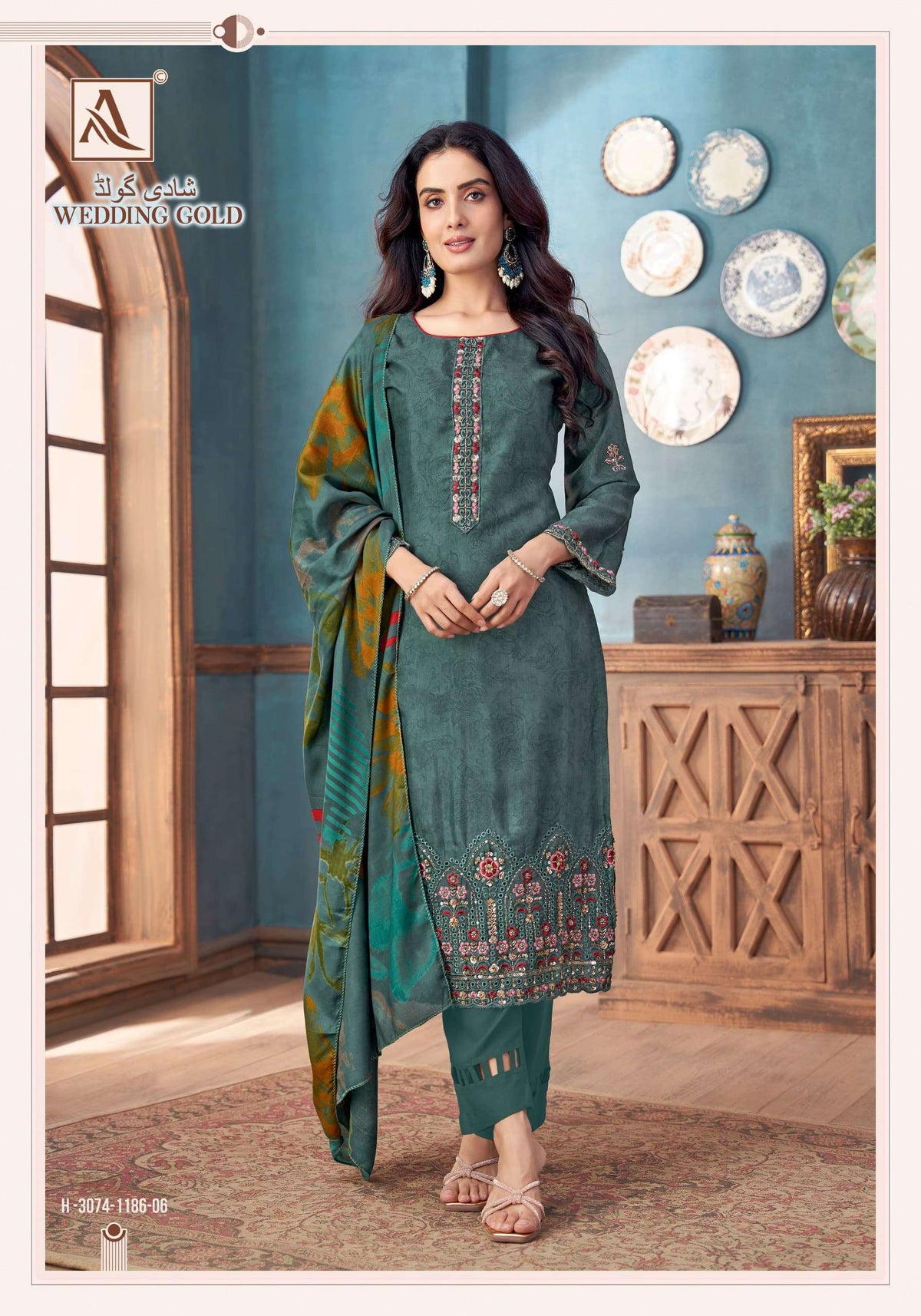 Alok Suit Wedding Gold Viscose Muslin Embroidered Dress Material