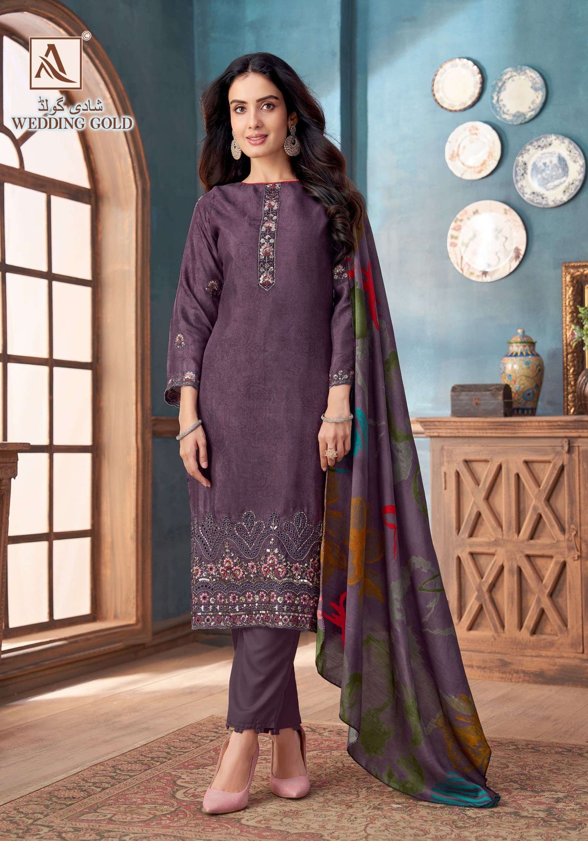 Alok Suit Wedding Gold Viscose Muslin Embroidered Dress Material