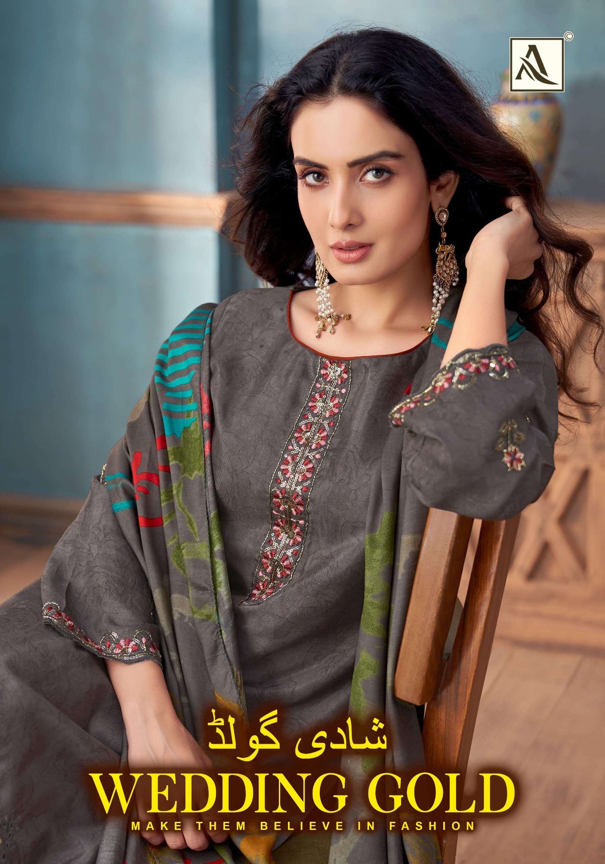 Alok Suit Wedding Gold Viscose Muslin Embroidered Dress Material