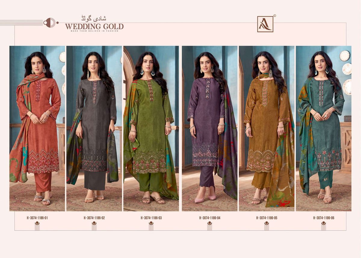 Alok Suit Wedding Gold Viscose Muslin Embroidered Dress Material