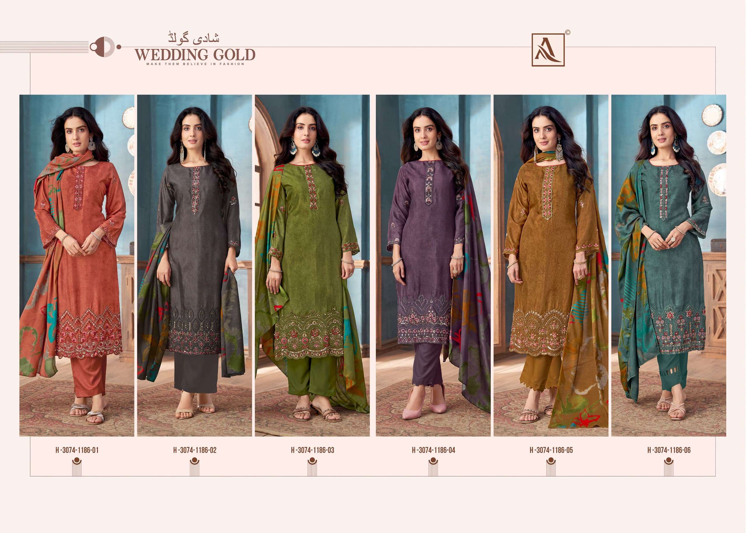 Alok Suit Wedding Gold Viscose Muslin Embroidered Dress Material