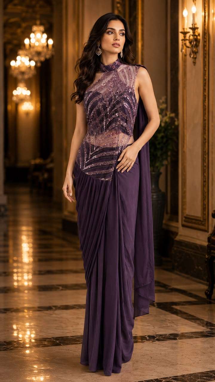 AMOHA TRENDZ 102433 Lycra Embroidered Semi Stitched Saree