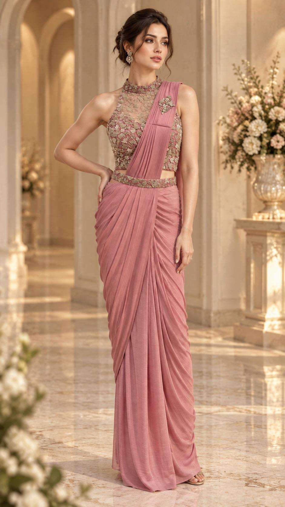 Amoha Trendz 102470 Lycra Readymade Party Wear Saree Set
