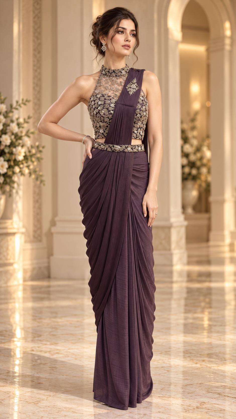 Amoha Trendz 102470 Lycra Readymade Party Wear Saree Set
