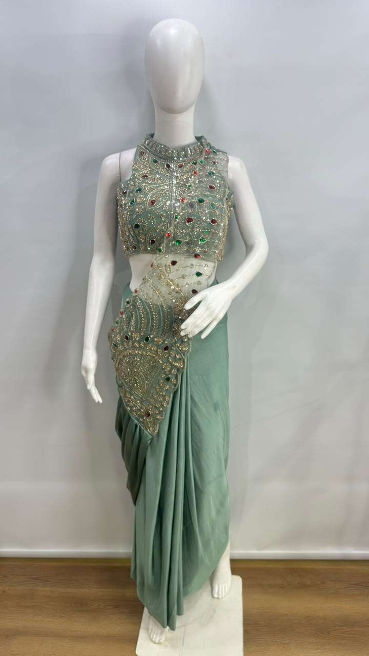 AMOHA TRENDZ 102483 Lycra Embroidered Ready To Wear Saree