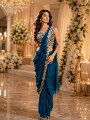 AMOHA TRENDZ A-505 Satin Embroidered Designer Saree Wholesale - Amrah Wholesale