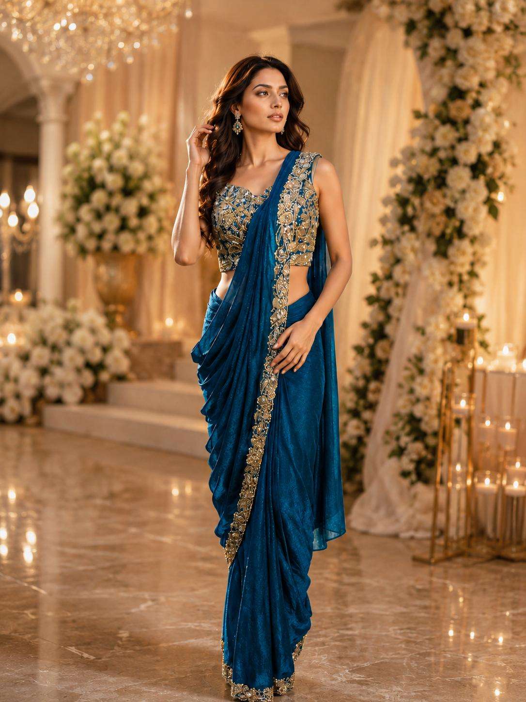 AMOHA TRENDZ A-505 Satin Embroidered Designer Saree Wholesale - Amrah Wholesale