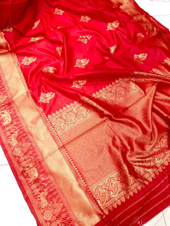 Amrah Aab Red Palakhi Soft Lichi Silk Saree