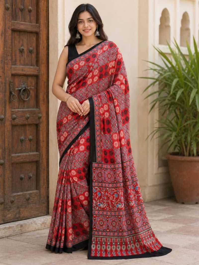 Amrah Wholesale Ajrakh Print Vol 1 Modal Silk Ajrakh Printed Saree