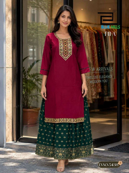 BLUE HILLS FIFA 5435 to 5440 Series Rayon Embroidered Kurti Pant Set